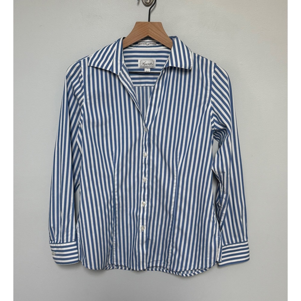 Foxcroft Women Striped Wrinkle Free Cotton Button Down Shirt Blue White Size S